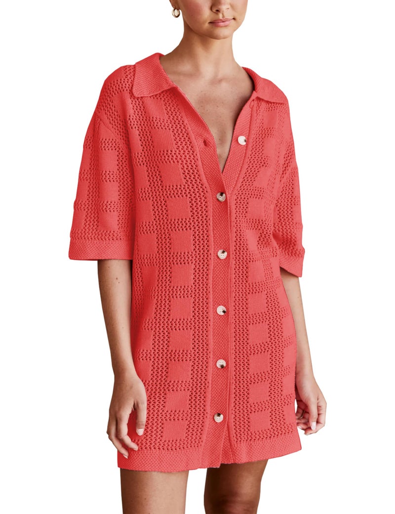 Lumister Lightweight Knit Dress Crochet Button Cover Up Bathing Suit Swimwear Knit Beach Summer Dress for Women Red - Image 1