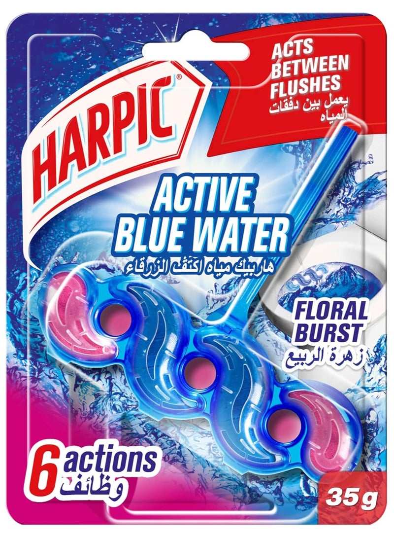 Harpic Active Blue Water Floral Burst Toilet Cleaner Rim Block, Toilet Freshener, 6 Actions, 35g - Image 1
