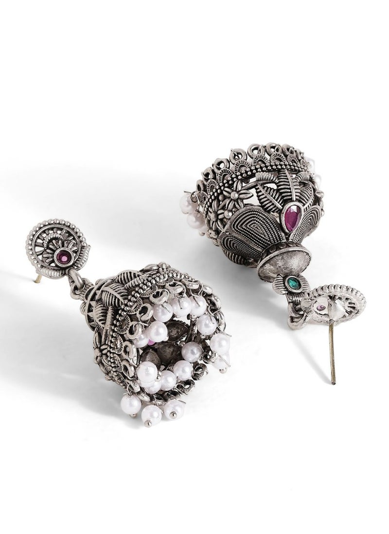 Priyaasi Oxidized Stone Studded  Beaded Dome Shaped Jhumkas  - Image 3