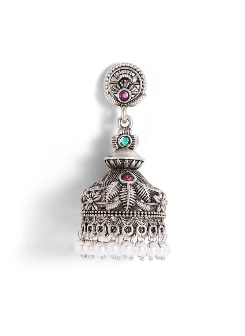 Priyaasi Oxidized Stone Studded  Beaded Dome Shaped Jhumkas  - Image 4