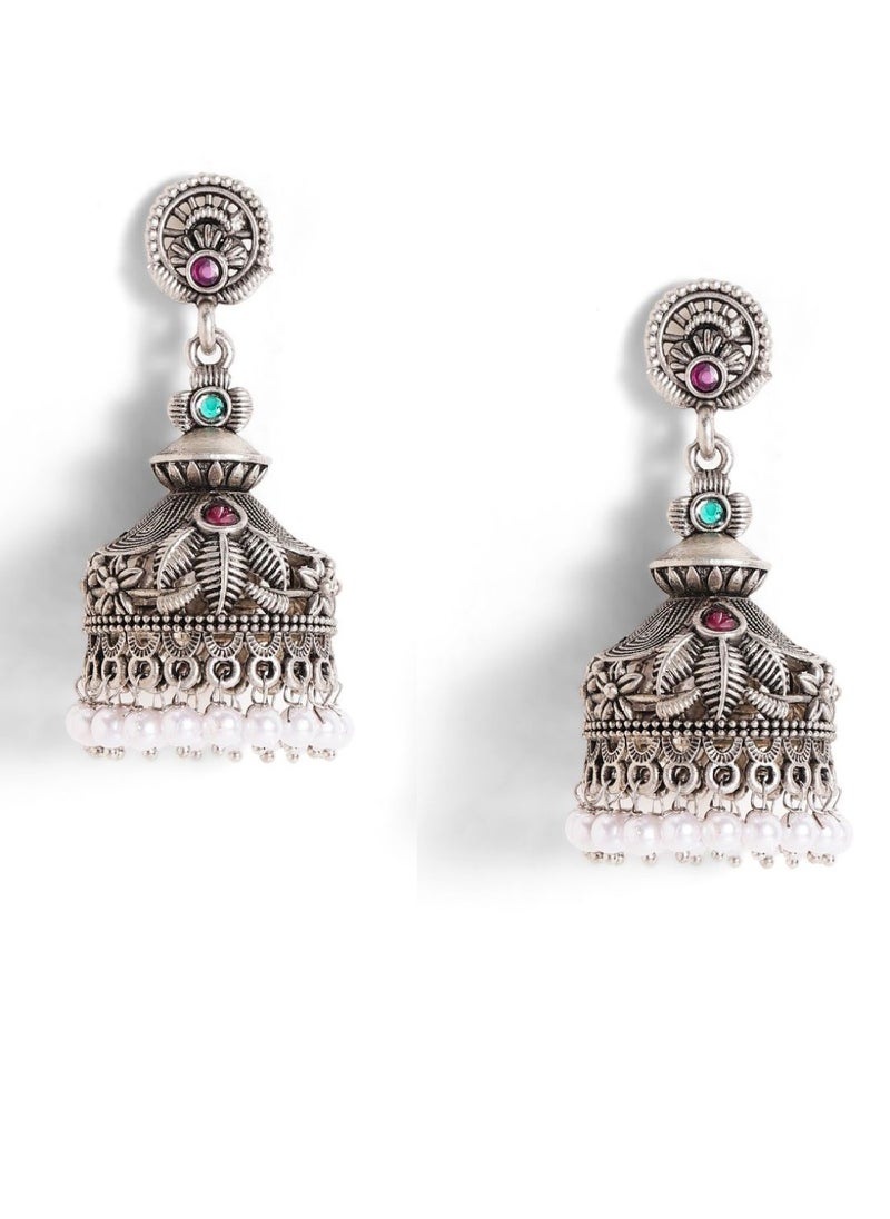 Priyaasi Oxidized Stone Studded  Beaded Dome Shaped Jhumkas  - Image 2