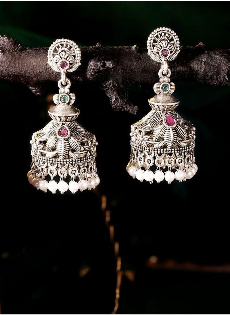 Priyaasi Oxidized Stone Studded  Beaded Dome Shaped Jhumkas  - Image 5