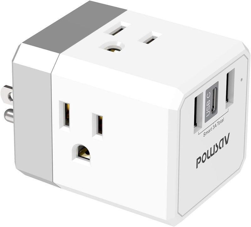 POWSAV Cruise Ship Essentials, 3-Side Outlet Splitter with 3 USB Ports(1 USB C) USB Wall Charger, Outlet Extender for Home, Office and Cruise, ETL Listed, White - Image 1