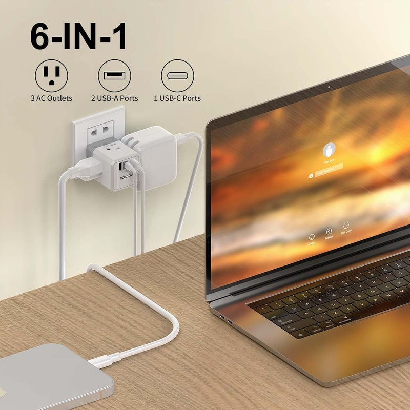 POWSAV Cruise Ship Essentials, 3-Side Outlet Splitter with 3 USB Ports(1 USB C) USB Wall Charger, Outlet Extender for Home, Office and Cruise, ETL Listed, White - Image 3