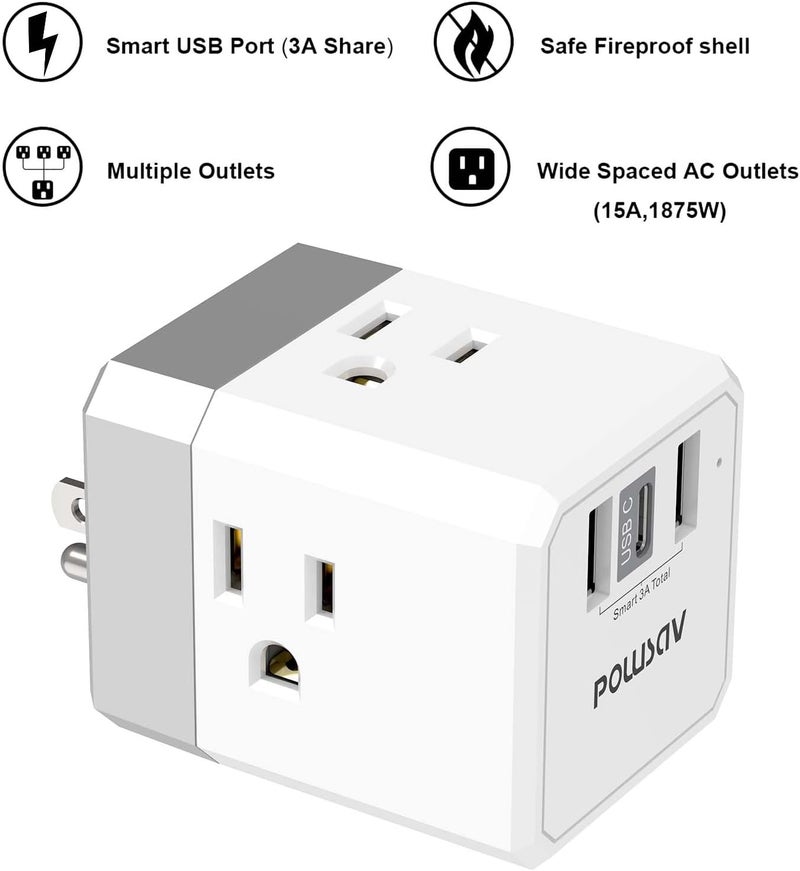 POWSAV Cruise Ship Essentials, 3-Side Outlet Splitter with 3 USB Ports(1 USB C) USB Wall Charger, Outlet Extender for Home, Office and Cruise, ETL Listed, White - Image 2