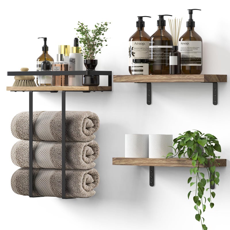QHMCHLDZ Towel Racks for Bathroom-Wall Mounted Floating Shelves for Wall Bathroom Bedroom Kitchen Living Room, Hanging Book Shelves Decor Bathroom Organizer, 16 inch Solid Wood, Carbonized Wood Color - Image 1