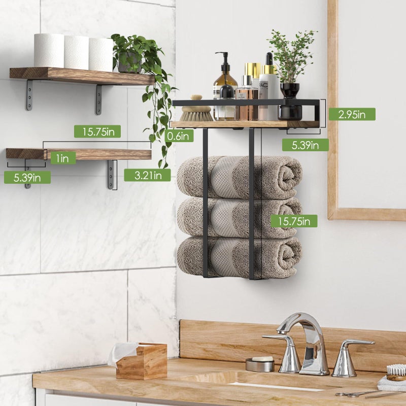 QHMCHLDZ Towel Racks for Bathroom-Wall Mounted Floating Shelves for Wall Bathroom Bedroom Kitchen Living Room, Hanging Book Shelves Decor Bathroom Organizer, 16 inch Solid Wood, Carbonized Wood Color - Image 2