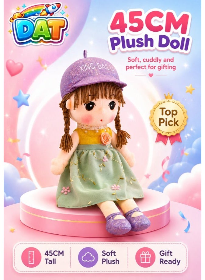 DAT Soft Plush Girl Doll with Embroidered Floral Dress, Glitter Cap & Yarn Hair 45cm – Pink, Green, Blue - Image 1