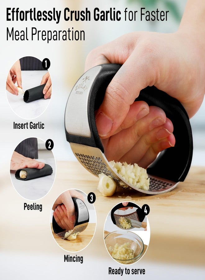 Zulay Kitchen Zulay Stainless Steel Garlic Press Rocker Set - Premium Garlic Mincer Garlic Crusher - New Innovative Garlic Crusher with Peeler and Scraper - Comfortable Grip (DeepBlack) - Image 4
