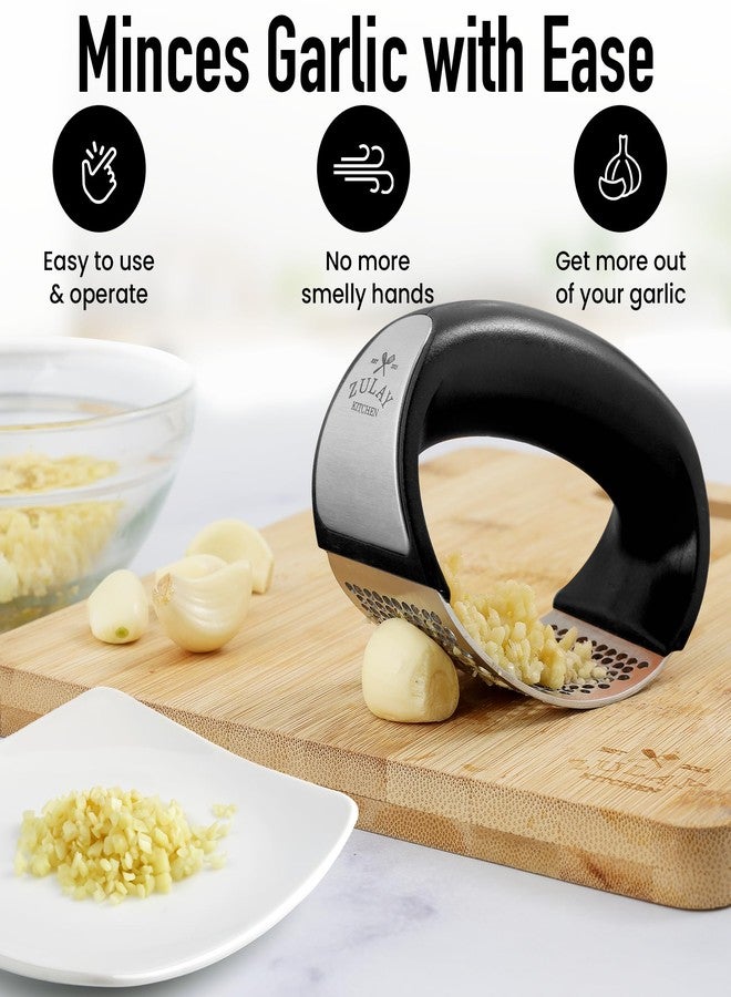 Zulay Kitchen Zulay Stainless Steel Garlic Press Rocker Set - Premium Garlic Mincer Garlic Crusher - New Innovative Garlic Crusher with Peeler and Scraper - Comfortable Grip (DeepBlack) - Image 2