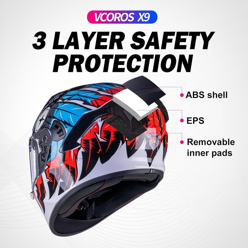 VCOROS X9 Full Face Motorcycle Helmet with Inner Sun Visor and Bluetooth Ready Speaker Pockets - Image 3