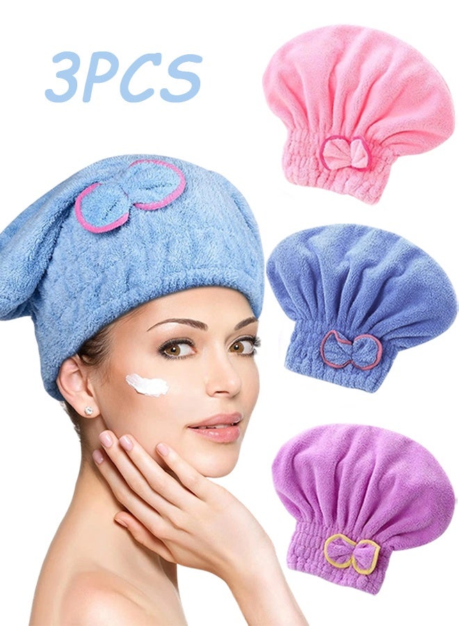 3 Pack Ultra Absorbent Microfiber Hair Drying Turban Towel, Bowknot Design Fast Dry Hair Cap, Soft Bath Head Wrap for Women & Girls - Image 1