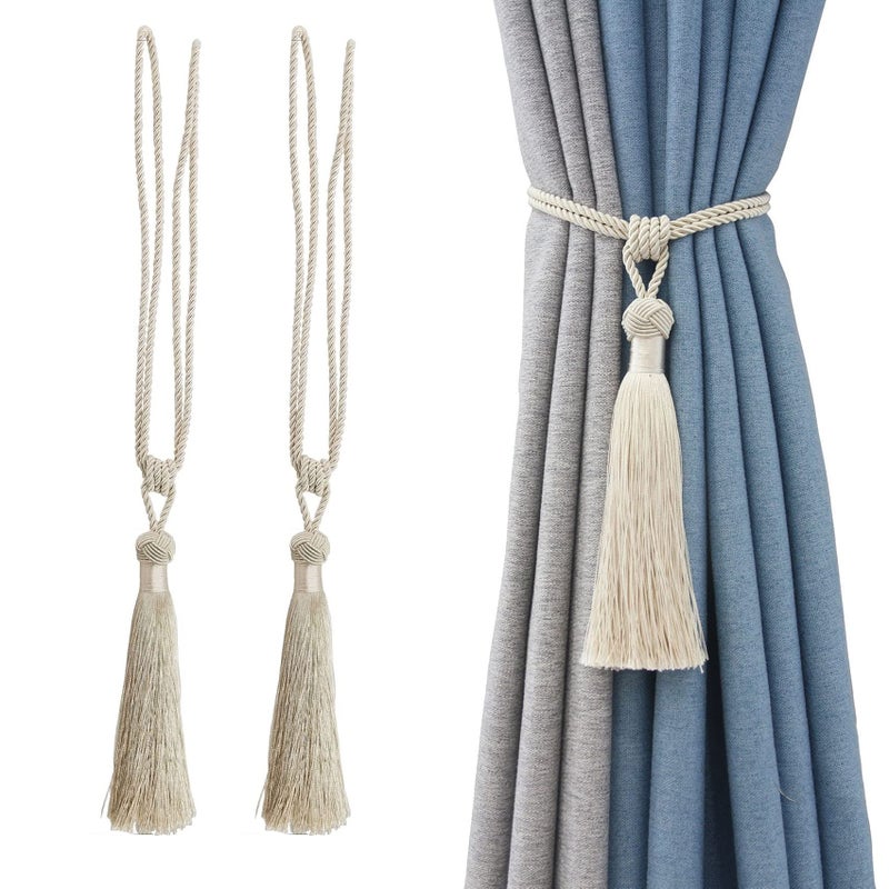 jingewell Curtain Tiebacks Handmade Rope Tassel Tie Backs Pair Curtain Holdbacks Curtain Liner Ties for Office Home Decorative Drapery Set of 2 Beige 2