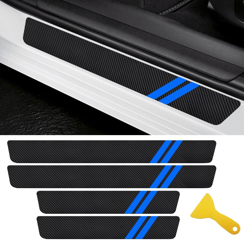 Door Sill Protector Compatible with Dodge Charger Challenger 4PCS Door Sill Protector with Plastic Scraper Carbon Fiber Leather Door Entry Guard Decoration Cars Fiber Door Sill Protector Blue