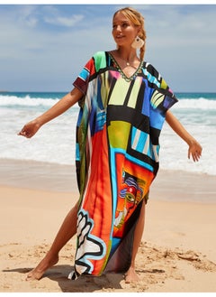 Robe Beach Blouse Rayon Printed Vacation Sunscreen Shirt Plus Size Bikini Beach Dress Amazon-Color:01 Color Block Combination-