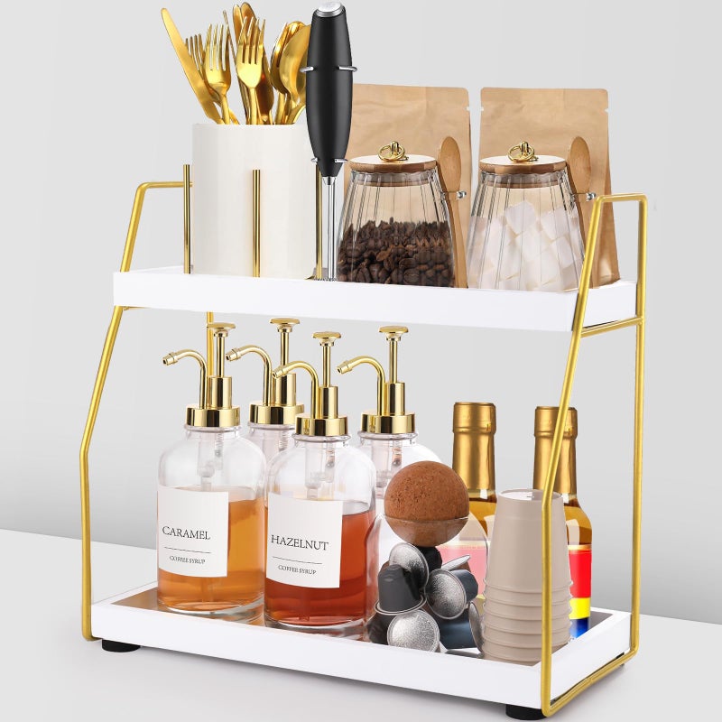 DWTS Coffee Bar AccessoriesCoffee Station Organizer with MultiFunctionalCoffeeBar Decor for Accessories2 Tier Wooden Shelf Gold Metal Station Organizer for CountertopSyrup - Image 2