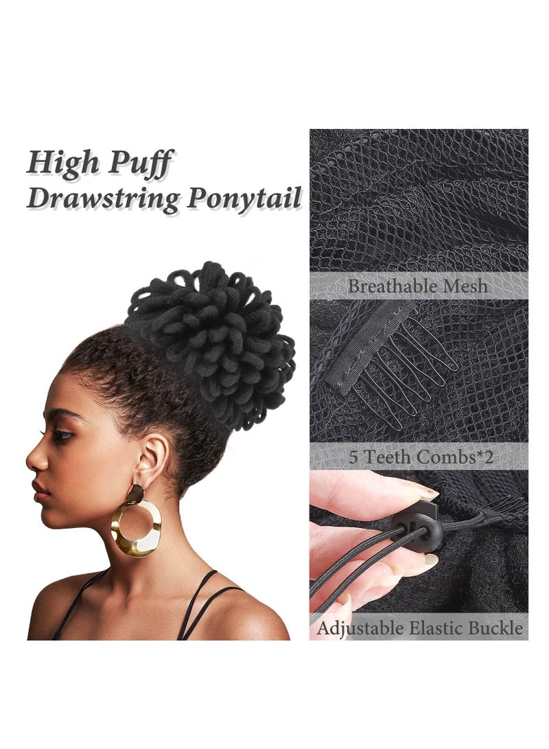 Black Afro Puff Hair Extension Synthetic Petal Loc Buns, African DreadLock Bun Drawstring Ponytail Chignon Locs Braids Buns Wig, Faux Clip in Pony Tail for Women, 1PCS