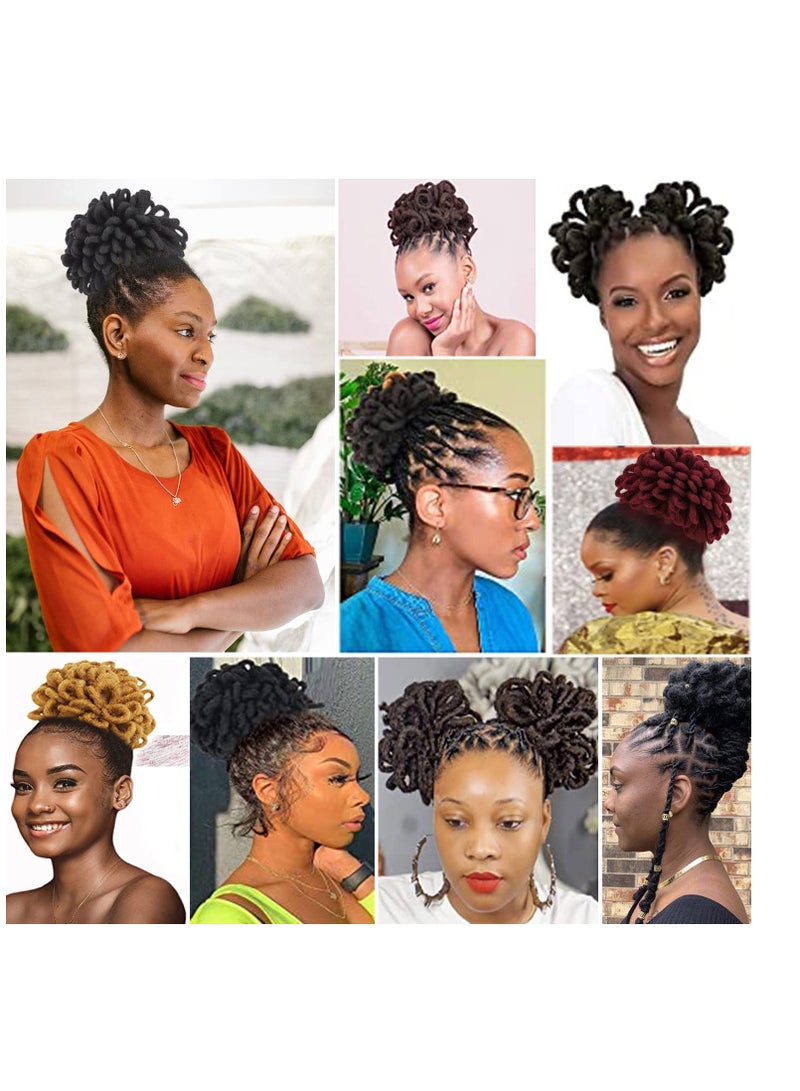 Black Afro Puff Hair Extension Synthetic Petal Loc Buns, African DreadLock Bun Drawstring Ponytail Chignon Locs Braids Buns Wig, Faux Clip in Pony Tail for Women, 1PCS