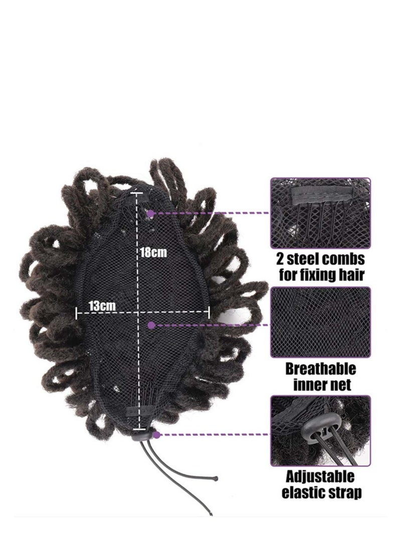 Black Afro Puff Hair Extension Synthetic Petal Loc Buns, African DreadLock Bun Drawstring Ponytail Chignon Locs Braids Buns Wig, Faux Clip in Pony Tail for Women, 1PCS
