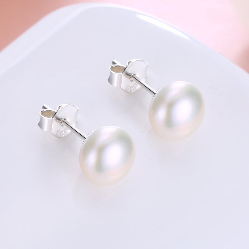 ALYC Pearl Earrings Freshwater Pearl White Button Stud Earrings with 925 Sterling Silver for Women - Image 3
