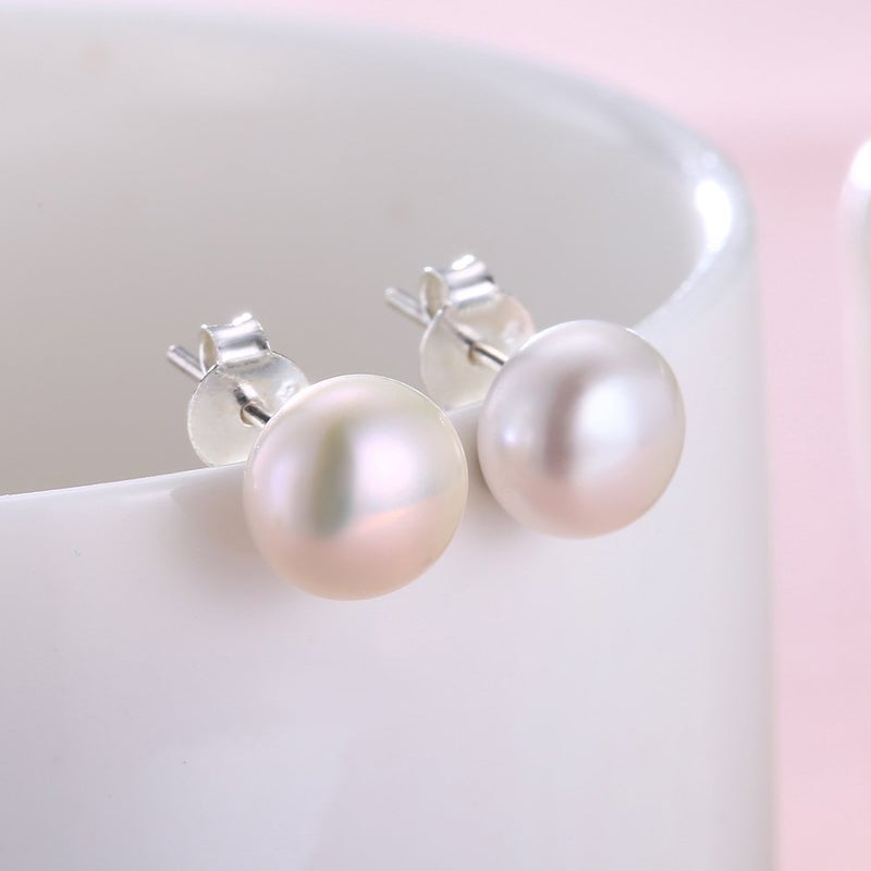 ALYC Pearl Earrings Freshwater Pearl White Button Stud Earrings with 925 Sterling Silver for Women - Image 4