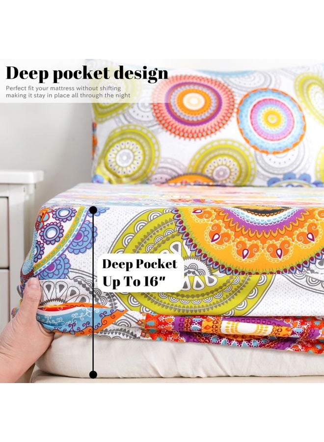 Bedlifes California King Sheet Set Ultra Soft, Breathable, Silky Flower Deep Pocket 100% Microfiber Bedding, 4 Piece Cal King Size Mandala Patterned - Image 5