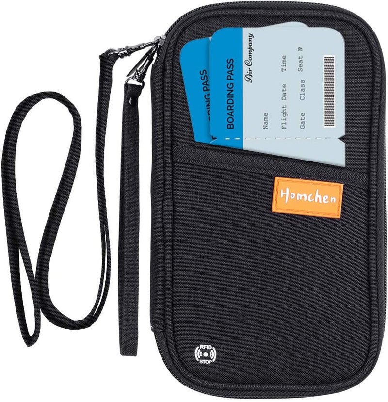 homchen RFID Passport Wallet with Vaccine Card Slot, Family Travel Passport Holder Document Organizer Bag with Wrist & Neck Double Strap - Image 1