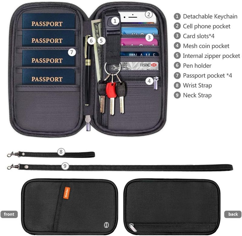 homchen RFID Passport Wallet with Vaccine Card Slot, Family Travel Passport Holder Document Organizer Bag with Wrist & Neck Double Strap - Image 2