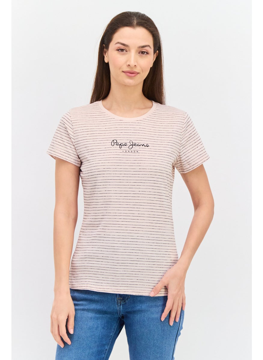 Pepe Jeans Women Round Neck Short Sleeves Stripe Top, Cloudy Pink  - Image 1