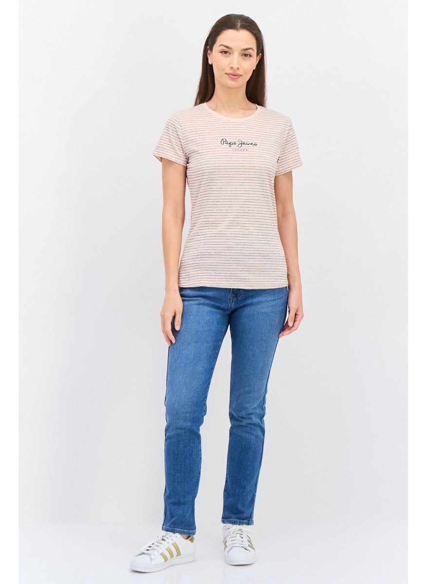 Pepe Jeans Women Round Neck Short Sleeves Stripe Top, Cloudy Pink  - Image 4