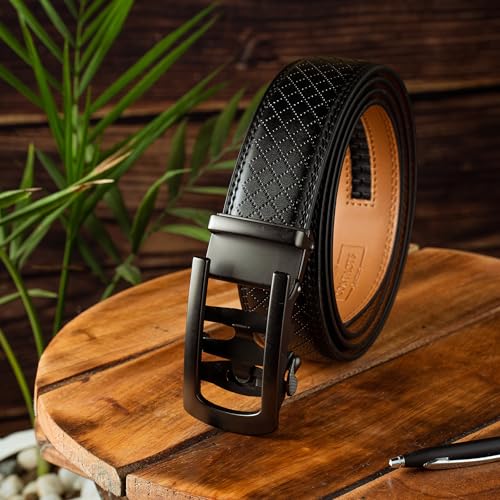 Contacts Genuine Leather Automatic Ratchet Belt for Men – Classic with Elegant Alloy Buckle, Adjustable Trim-to-Fit Formal & Casual Belt (Black) - Image 4