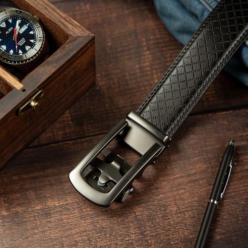 Contacts Genuine Leather Automatic Ratchet Belt for Men – Classic with Elegant Alloy Buckle, Adjustable Trim-to-Fit Formal & Casual Belt (Black) - Image 2