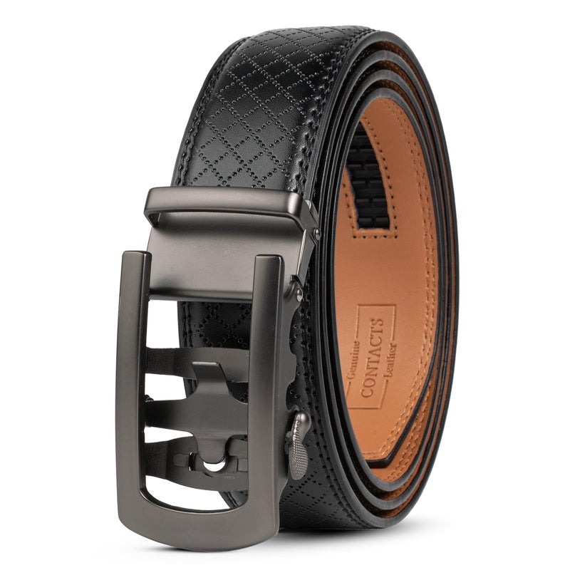 Contacts Genuine Leather Automatic Ratchet Belt for Men – Classic with Elegant Alloy Buckle, Adjustable Trim-to-Fit Formal & Casual Belt (Black) - Image 1