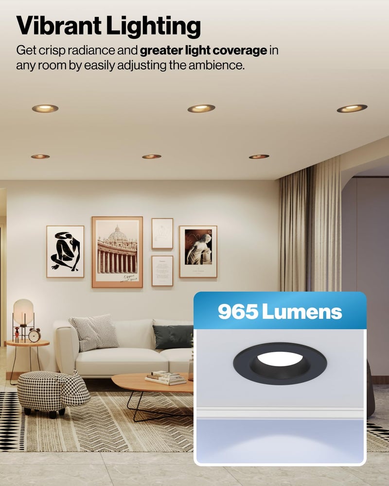 Sunco Lighting Sunco 4 Pack LED Black Recessed Light 6 Inch, 5CCT 2700K/3000K/3500K/4000K/5000K Selectable, Dimmable Can Lights, Baffle Trim, 13W=120W, 965 LM, Damp Rated, Retrofit Installation, UL Listed - Image 3