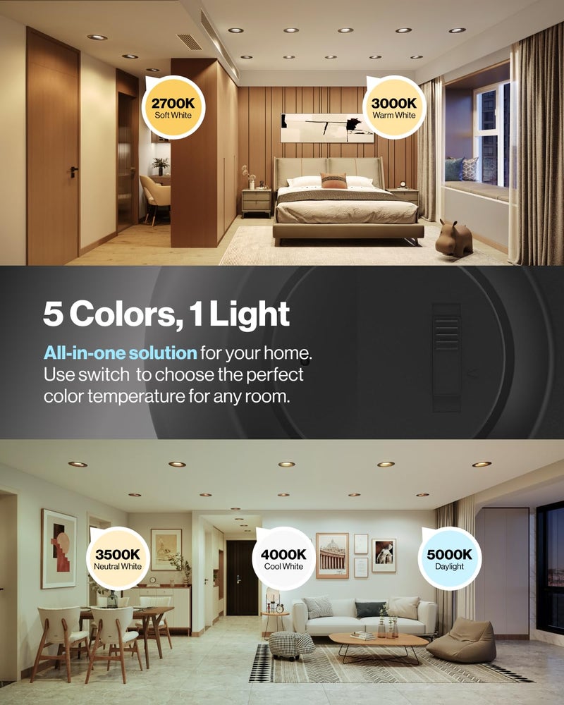Sunco Lighting Sunco 4 Pack LED Black Recessed Light 6 Inch, 5CCT 2700K/3000K/3500K/4000K/5000K Selectable, Dimmable Can Lights, Baffle Trim, 13W=120W, 965 LM, Damp Rated, Retrofit Installation, UL Listed - Image 2
