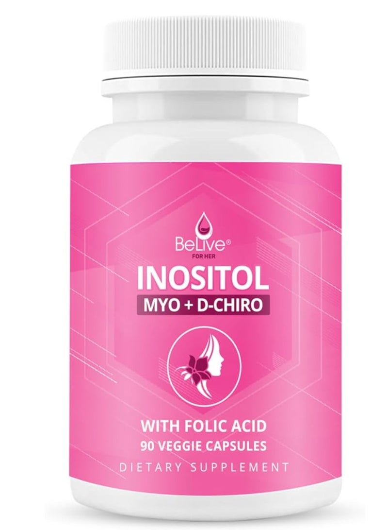 BeLive كبسولات Myo-Inositol &amp; D-Chiro Inositol - مكمل إينوزيتول 90 قيراط مع حمض الفوليك لمتلازمة تكيس المبايض، والصحة الإنجابية والتوازن الهرموني، ومكملات الخصوبة للمرأة، النسبة المثالية 40:1 - Image 1