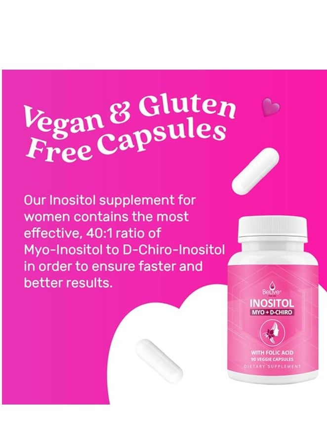 BeLive كبسولات Myo-Inositol &amp; D-Chiro Inositol - مكمل إينوزيتول 90 قيراط مع حمض الفوليك لمتلازمة تكيس المبايض، والصحة الإنجابية والتوازن الهرموني، ومكملات الخصوبة للمرأة، النسبة المثالية 40:1 - Image 3