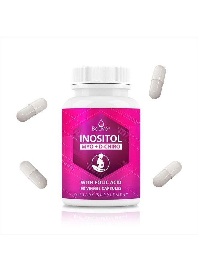 BeLive - كبسولات Myo-Inositol &amp; D-Chiro Inositol - مكمل إينوزيتول 90 قيراط مع حمض الفوليك لمتلازمة تكيس المبايض، والصحة الإنجابية والتوازن الهرموني، ومكملات الخصوبة للمرأة، النسبة المثالية 40:1 - Image 1