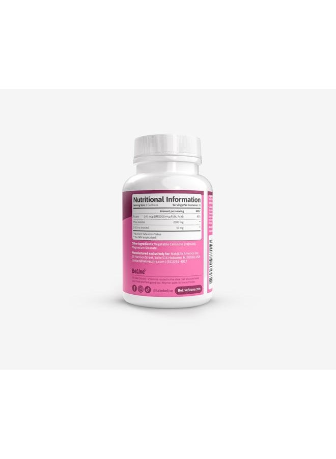 BeLive كبسولات Myo-Inositol &amp; D-Chiro Inositol - مكمل إينوزيتول 90 قيراط مع حمض الفوليك لمتلازمة تكيس المبايض، والصحة الإنجابية والتوازن الهرموني، ومكملات الخصوبة للمرأة، النسبة المثالية 40:1 - Image 2