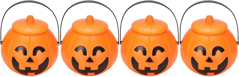 woobles 4Pcs Plastic Pumpkin Bucket Halloween Pumpkin Basket with Lids Trick or Treat Candy Holders for Kids Halloween Party Supplies - Image 1