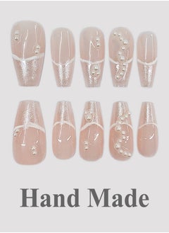 NIBEMINENT Press On Nails Long Handmade Simplicity Shining Soft Gel Fake Nails,Light orange Glitter False Nails,White Pearl Glossy Glue on Nails Kit for Women,Two Sizes M&S,10PCS  - Image 1
