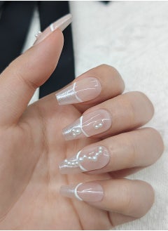 NIBEMINENT Press On Nails Long Handmade Simplicity Shining Soft Gel Fake Nails,Light orange Glitter False Nails,White Pearl Glossy Glue on Nails Kit for Women,Two Sizes M&S,10PCS  - Image 3