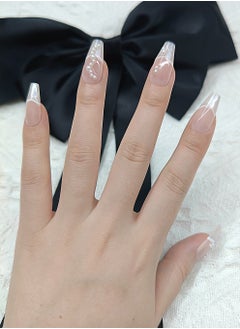 NIBEMINENT Press On Nails Long Handmade Simplicity Shining Soft Gel Fake Nails,Light orange Glitter False Nails,White Pearl Glossy Glue on Nails Kit for Women,Two Sizes M&S,10PCS  - Image 5