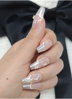 NIBEMINENT Press On Nails Long Handmade Simplicity Shining Soft Gel Fake Nails,Light orange Glitter False Nails,White Pearl Glossy Glue on Nails Kit for Women,Two Sizes M&S,10PCS  - Image 4