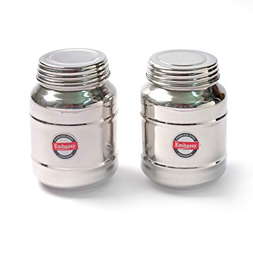 EMBASSY Stainless Steel Horlicks Bottle/Jar/Storage Container with Threading Screw Cap, Pack of 2, Size 2, 350 ml - Image 1