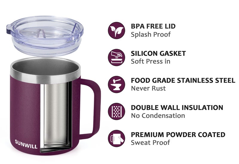 SUNWILL SUNWILL 14 oz Coffee Mug  Vacuum Insulated Camping Mug with Lid  Double Wall Stainless Steel Travel Tumbler Cup  Coffee Thermos Outdoor  Powder Coated Plum - Image 2