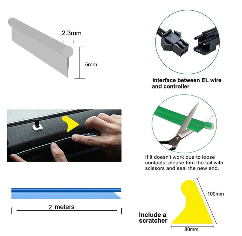 Maxlaxer El Wire Blue Interior Car LED Strip Lights, 2M Neon Wire USB 5V with Fuse Protection for Automotive Interior Decoration, with 6mm Sewing Edge - Image 4