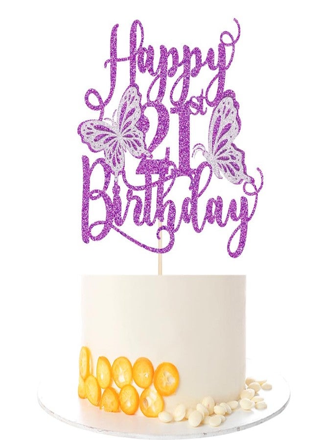 Kaoenla 3D Butterfly Happy 21st Birthday Cake Topper, Glitter 21st/twenty-one Birthday, Butterfly Theme Party Cake Decor (21th, Purple) - Image 1