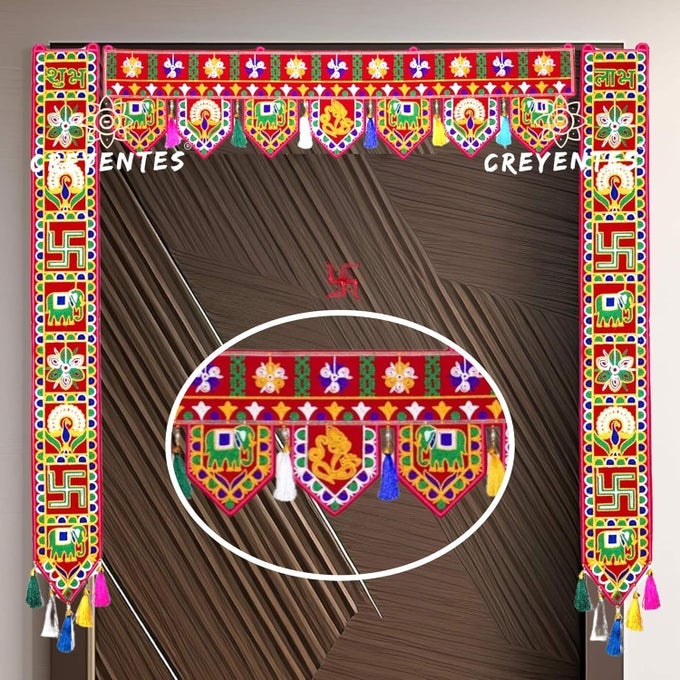 TRADITIONAL HANDMADE TORAN WITH SHUBH LABH TODALA TORAN FOR DOOR THORANAM DOOR DCOR DOOR HANGING FOR MAIN GATE ENTRANCE FESTIVAL DIWALI TEMPLE EMBROIDERY WORK TORAN WITH TOADLA