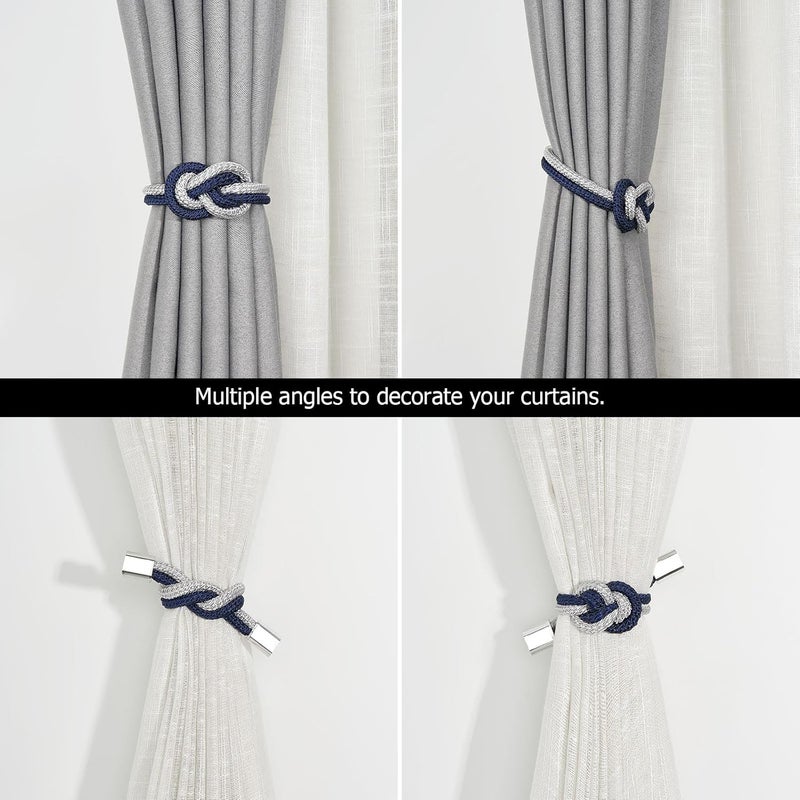 NICEEC 4 Pack Mini Magnetic Curtain Tiebacks Nordic Simple Style Drape Tie Backs Elegant Hand Weave Rope Knot Decorative Curtain Holdbacks for Home & Office Thin Window Drapery (Dark Blue & Grey) - Image 5